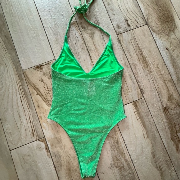 Green, sparkly deep v-neck bodysuit/bathing suit. - Picture 1 of 4